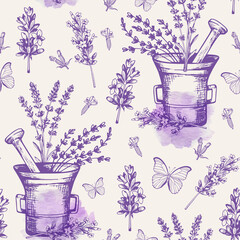 Vintage seamless pattern with lavender flowers - obrazy, fototapety, plakaty