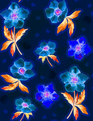 Bright watercolor floral pattern of liglt blue flowers and dark blue background.