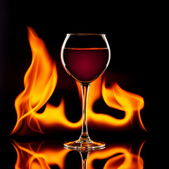 glass of red wine on black with flames