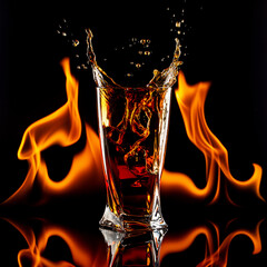 splashes in a whiskey glass on black with flames