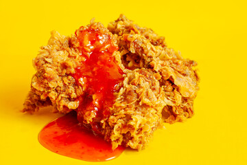 Crispy fried chicken against a bright yellow background