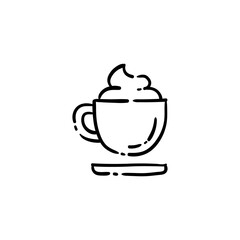 Coffee with cream line doodle. Hot drink mug of frappe and milk ice-cream symbol. Outline style hand drawn pictogram.