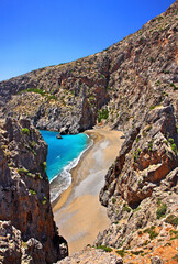Fototapeta na wymiar CRETE ISLAND, GREECE. Amazing beach at the exit of Agiofarago canyon, Municipality of Phaistos, Heraklion prefecture.