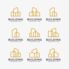 set of golden building logo designs. construction logo design with line art style.