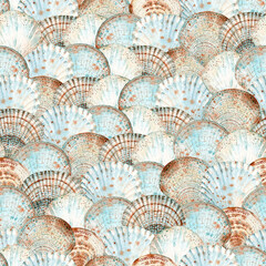 Seamless watercolor pattern with seashells in abstract style for wrappers, notebook covers, textiles and other design.