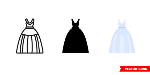Ballgown icon of 3 types. Isolated vector sign symbol.