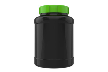 3d supplement jar mockup on white background, black jar with blue cap