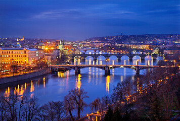 Bridges on Vltava (Moldava) river, Prague, Czech Republic. The one in the middle is the famous Charles' bridge. View from Letna gardens.