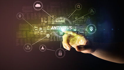 Hand touching ANTIVIRUS inscription, Cybersecurity concept