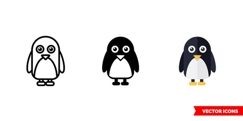 Penguin icon of 3 types. Isolated vector sign symbol.