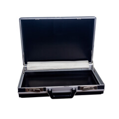 Opened hard black attache case for business, documents and cash, isolated