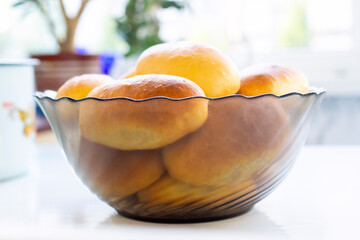 Freshly baked golden home pies in glass dish