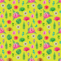 Fototapeta premium Seamless exotic pattern with tropical flowers and leaves