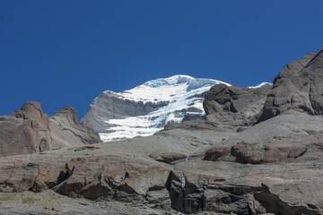 View on slopes of mountain Kailash from pilgrimage trekking path around the mountain, Tibet, Asia
