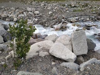 Stone on the background of a stormy river