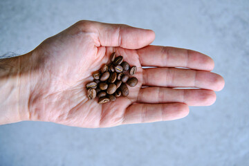 Man's hands holding freshly roasted aromatic coffee beans