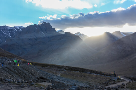 End of Day 1 trekking kora around mountain Kailash sunset view pilgrimage route near Darchen, Tibet, Asia