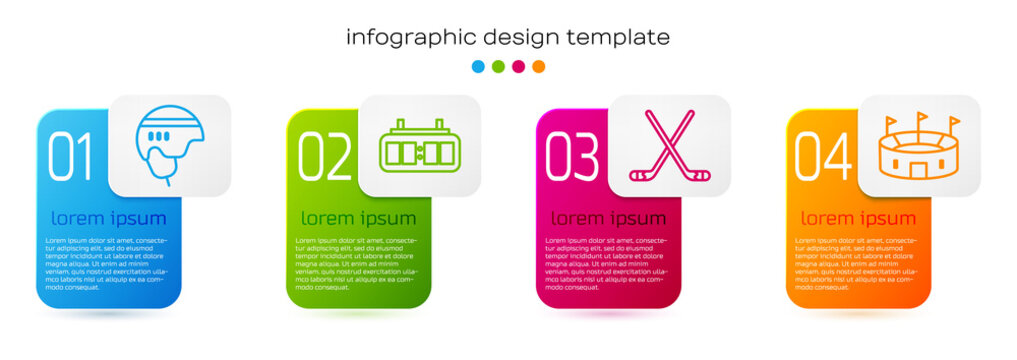 Set line Hockey helmet, Hockey mechanical scoreboard, Ice hockey sticks and Hockey stadium. Business infographic template. Vector