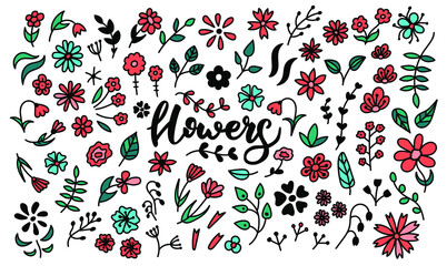 Big doodle flowers set. Clipart collection on cute garden flowers, brunches, leaves. Bundle of romantic elements. Vector hand drawn objects.