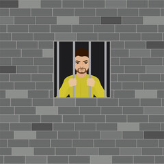 Fototapeta na wymiar Old brick wall facade and small window, prison. Cartoon male prisoner holds hands behind bars.