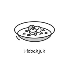 Hobakjuk icon. Traditional korean pumpkin porridge bowl outline sign on white. Vegan asian food for breakfast. Korean cuisine concept. Thin line vector illustration.Editable stroke