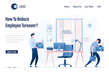 Fototapeta premium How To Reduce Employee Turnover? Landing page template. Staff replacement. Modern workplace in office.