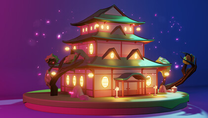 Fototapeta na wymiar Low Poly - japanese house on island in purple blue background .3D rednering