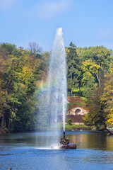 Fototapeta premium Golden autumn in Sofiyivsky Park (founded 1796 by Stanisław Potocki) - located in Uman, Cherkasy Oblast, Ukraine. Sofiyivka is a scenic landmark of world gardening design.