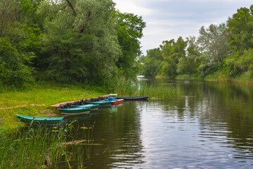 summer river with forest on a coast and small boats
