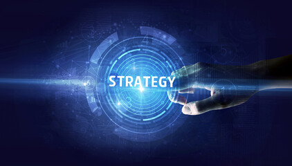 Hand touching STRATEGY button, modern business technology concept