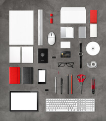 Office supplies mockup template, concrete background