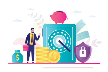 Reliable protection of finances and deposits. Fingerprint identification. Steel safe and businessman with money. Strongbox