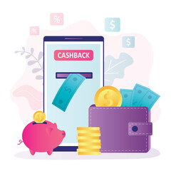 Obraz premium Cashback concept banner. Mobile phone, online banking app on screen. Wallet and piggy bank with money. Reward, marketing technology.