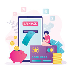 Woman customer use smartphone, online banking app on screen. Wallet and piggy bank with money. Cashback concept.