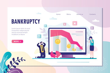 Bankruptcy landing page template. Frustrated businessman investor kneeling. Economic problems, global crisis and devaluation.