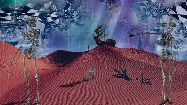 Surreal desert with chessboard and figures. Ancient ship in the sky. Skeletons, hourglass and dried branch. Figure of man in a distance and ancient ship on a sand dune