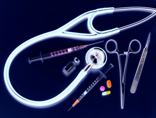 Stethoscope surrounded by an assortment of medical equipment and treatments