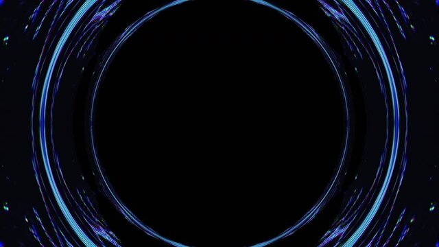 Digital glitch frame. Cyberspace vortex. Blue real pixel noise circles with black copy space for text.