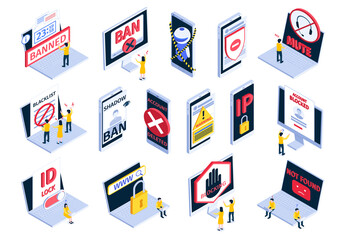 Isometric Internet Blocking Banned Website Icon Set 