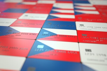 National flag of the Czech Republic on credit cards. Banking related 3D rendering