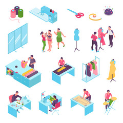 Isometric Sewing Studio Color Icon Set