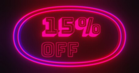 Discount 15 percent off with red and blue light in dark background. Special offer for marketing promotional.
