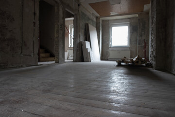 construction site within a residential town house, restoration works on real estate shown from the...