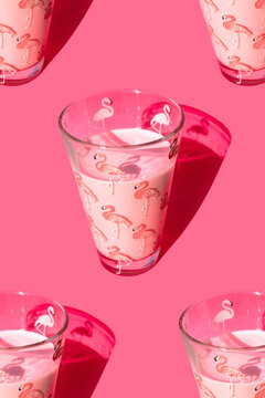 Glasses of milk with flamingos pattern