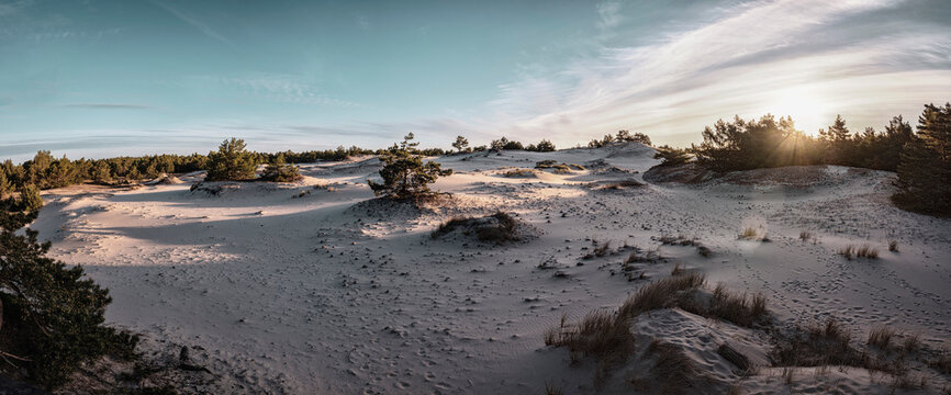 Poland, Pomerania, Leba, Sand dune at Slowinski National Park at sunset