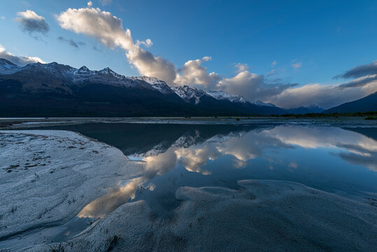 New Zealand, Otago, Glenorchy, Humboldt Mountains reflecting in Lake Wakatipu at dusk