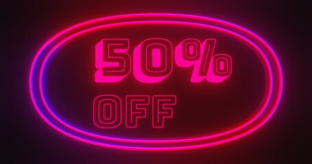 Discount 50 percent off with red and blue light in dark background. Special offer for marketing promotional.