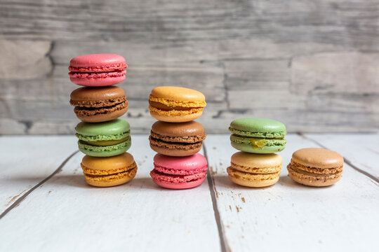Stacks of colorful macaroon biscuits