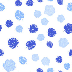 Light Blue, Red vector seamless doodle backdrop with flowers, leaves.