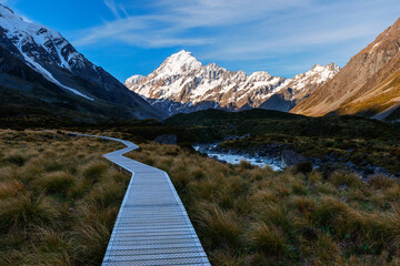 New Zealand, Canterbury, Boardwalk in Hooker Valley at dusk with Mount Cook in background